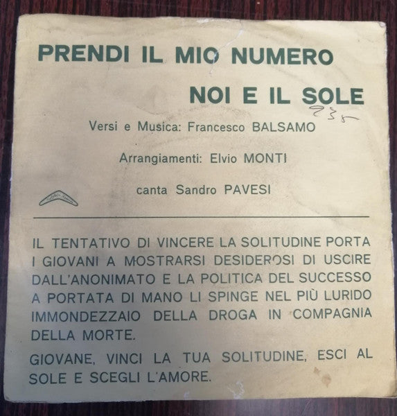 Sandro Pavesi – Prendi Il Mio Numero (7", Italy - 1979)