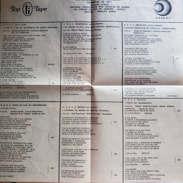 Various – Sambas De Enredo Das Escolas De Samba Do Grupo 1 - Carnaval 1977 (LP, Compilation, Brazil - 1976)