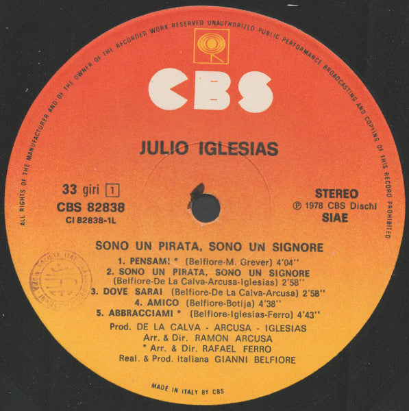 Julio Iglesias – Sono Un Pirata, Sono Un Signore (LP, Album, Italy - 1978)