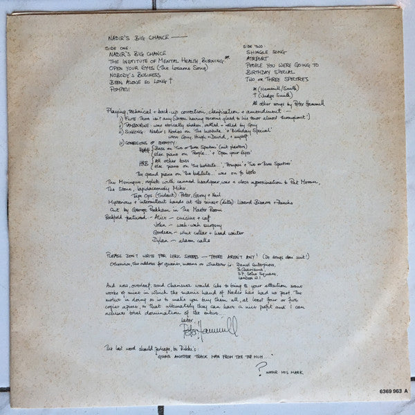 Peter Hammill – Nadir's Big Chance (LP, Album, Italy - 1975)