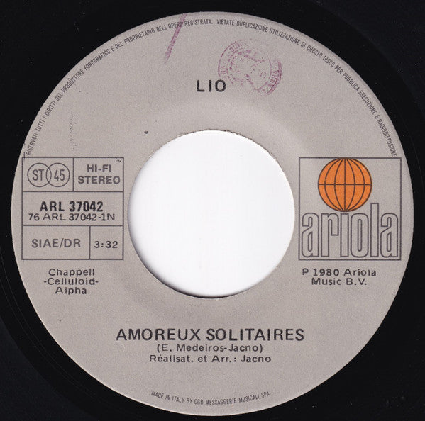 Lio – Amoureux Solitaires (7", Italy - 1981)