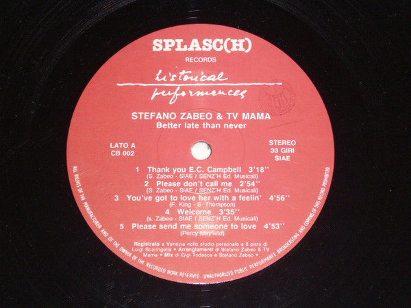 Stefano Zabeo & Tv Mama – Better Late Than Never (LP, Album, Italy - 1988)
