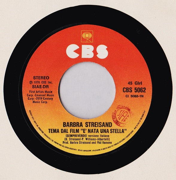 Barbra Streisand – Tema Dal Film "E' Nata Una Stella" (7", Italy - 1977)