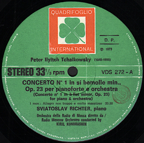 Pyotr Ilyich Tchaikovsky, Sviatoslav Richter, Большой Симфонический Оркестр Всесоюзного Радио, Kiril Kondrashin – Concerto N.1 For Piano & Orchestra In Si Bemolle Minore = In B-Flat Minor, Op. 23 (LP, Italy - 1973)