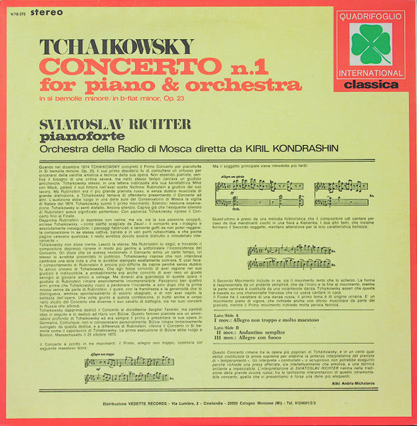 Pyotr Ilyich Tchaikovsky, Sviatoslav Richter, Большой Симфонический Оркестр Всесоюзного Радио, Kiril Kondrashin – Concerto N.1 For Piano & Orchestra In Si Bemolle Minore = In B-Flat Minor, Op. 23 (LP, Italy - 1973)