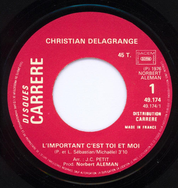 Christian Delagrange – L'important C'est Toi Et Moi (7", France - 1976)