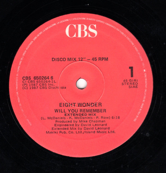 Eighth Wonder – Will You Remember (12", Italy - 1987)