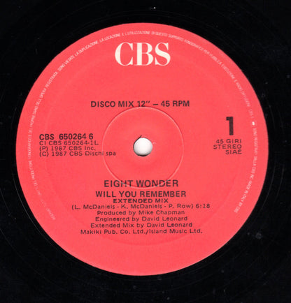 Eighth Wonder – Will You Remember (12", Italy - 1987)