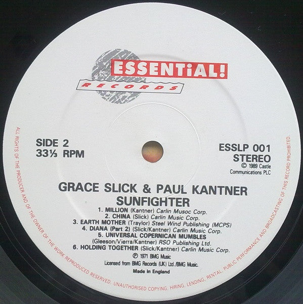 Paul Kantner, Grace Slick – Sunfighter (LP, Album, Reissue, UK - 1989)