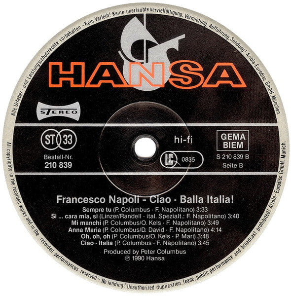 Francesco Napoli – Ciao - Balla Italia! (LP, Album, Germany - 1990)