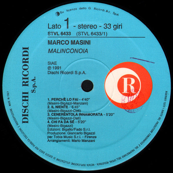 Marco Masini – Malinconoia (LP, Album, Italy - 1991)