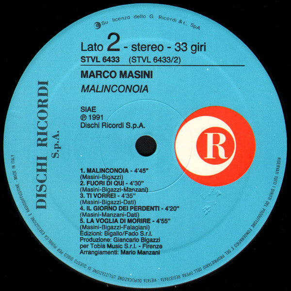 Marco Masini – Malinconoia (LP, Album, Italy - 1991)