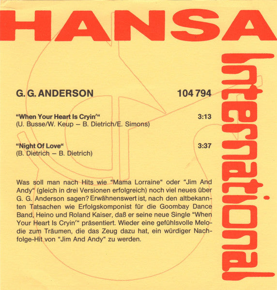 G.G. Anderson – When Your Heart Is Cryin' (7", Germany - 1982)