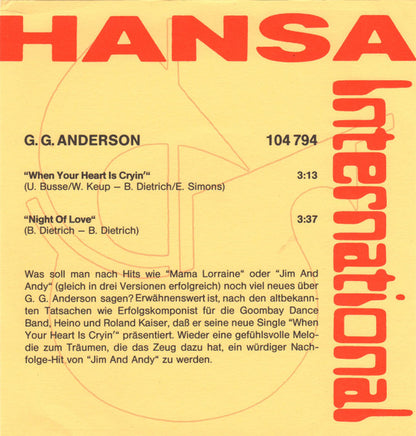 G.G. Anderson – When Your Heart Is Cryin' (7", Germany - 1982)