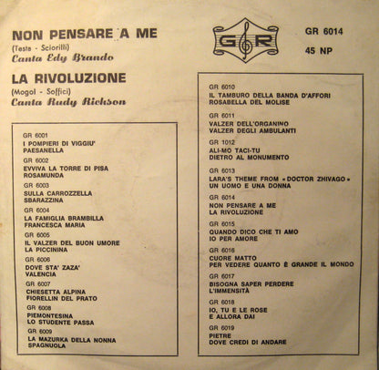 Edy Brando, Rudy Rickson – Non Pensare A Me / La Rivoluzione (7", Italy - 1967)