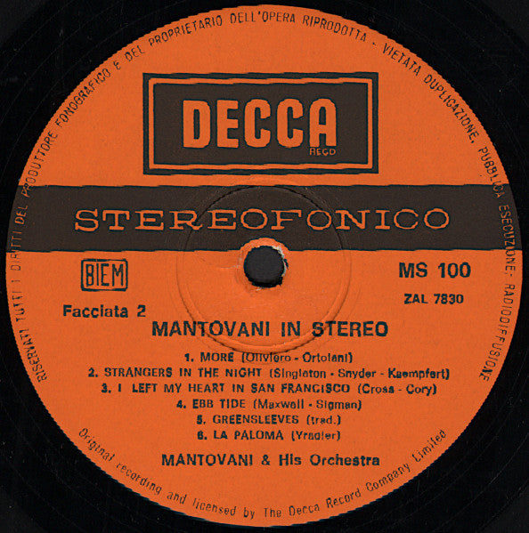 Mantovani And His Orchestra – Mantovani In Stereo (LP, Compilation, Italy - 1969)