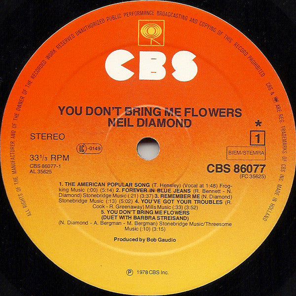 Neil Diamond – You Don't Bring Me Flowers (LP, Album, Europe - 1978)
