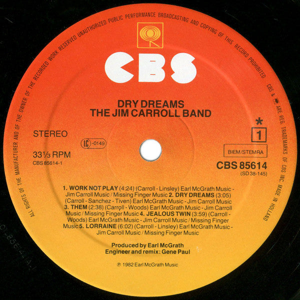 The Jim Carroll Band – Dry Dreams (LP, Album, Europe - 1982)