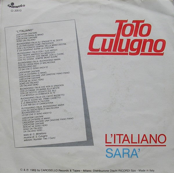 Toto Cutugno – L'Italiano (7", Italy - 1983)