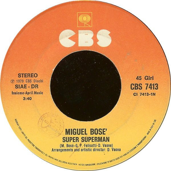 Miguel Bosé – Super Superman / Vote Johnny 23 (7", Italy - 1979)