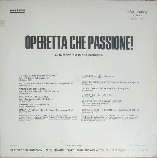 Orchestra Bruno Martelli – Operetta Che Passione! (LP, Album, Italy - 1973)