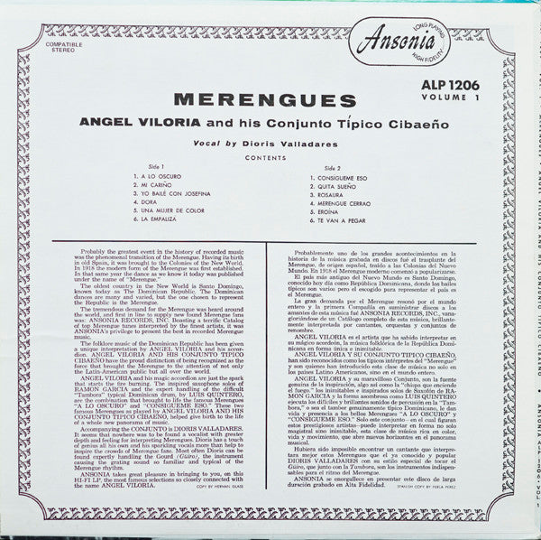 Angel Viloria Y Su Conjunto Típico Cibaeño, Dioris Valladares – Merengues Vol. 1 (LP, Album, Reissue, US)