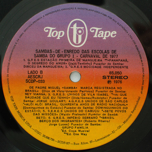 Various – Sambas De Enredo Das Escolas De Samba Do Grupo 1 - Carnaval 1977 (LP, Compilation, Brazil - 1976)