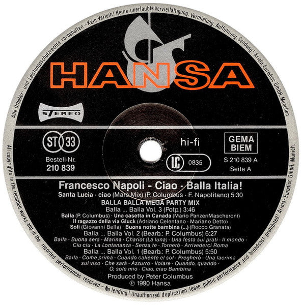 Francesco Napoli – Ciao - Balla Italia! (LP, Album, Germany - 1990)