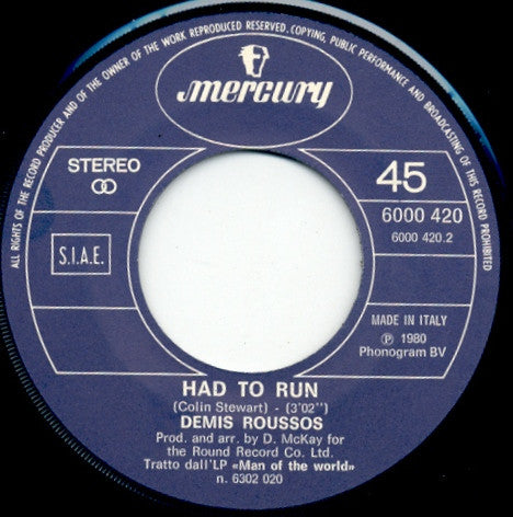 Demis Roussos – Credo (I Need You) / Had To Run (7", Italy - 1980)