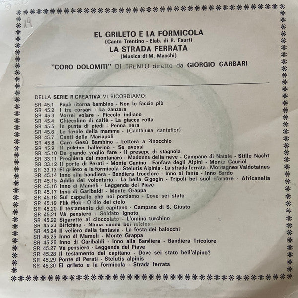Coro Dolomiti Di Trento – El Griletto E La Formicola (7", Repress, Italy)