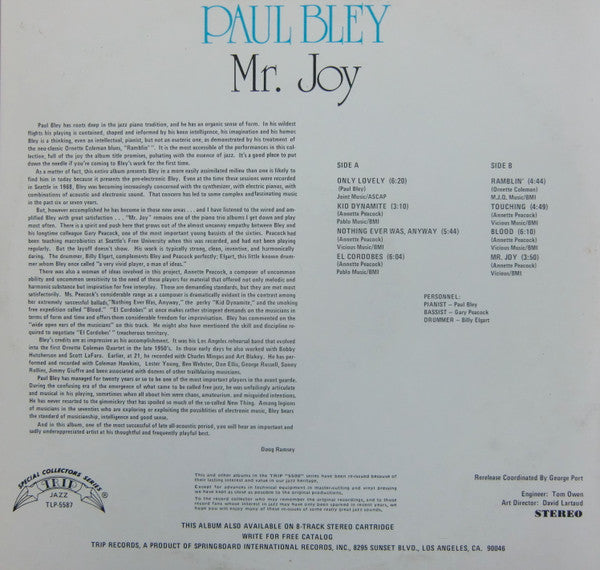 Paul Bley – Mr. Joy 1968 (LP, Album, Reissue, US - 1975)