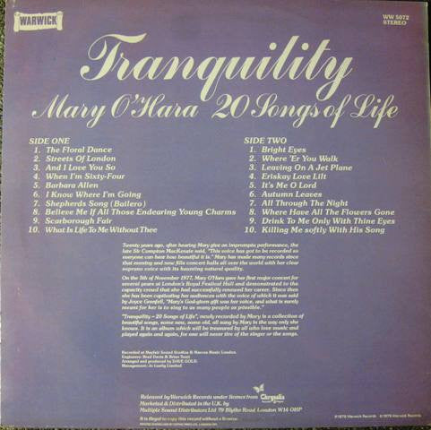 Mary O'Hara – Tranquility (20 Songs Of Life) (LP, Album, UK - 1979)