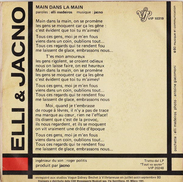 Elli & Jacno – Main Dans La Main (7", Italy - 1981)