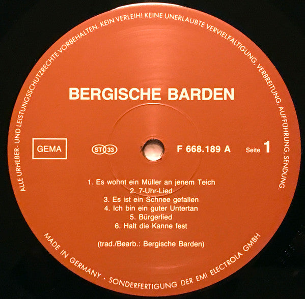 Bergische Barden – Volkslieder (LP, Album, Germany - 1983)