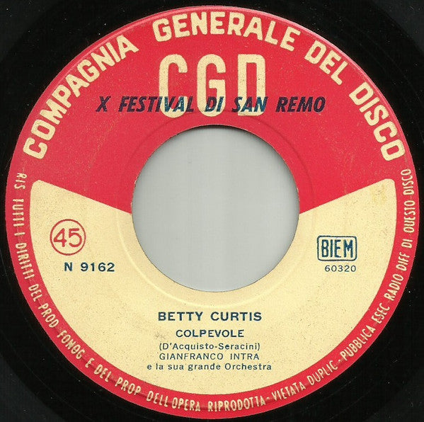 Betty Curtis – Amore Senza Sole / Colpevole (7", Italy - 1960)