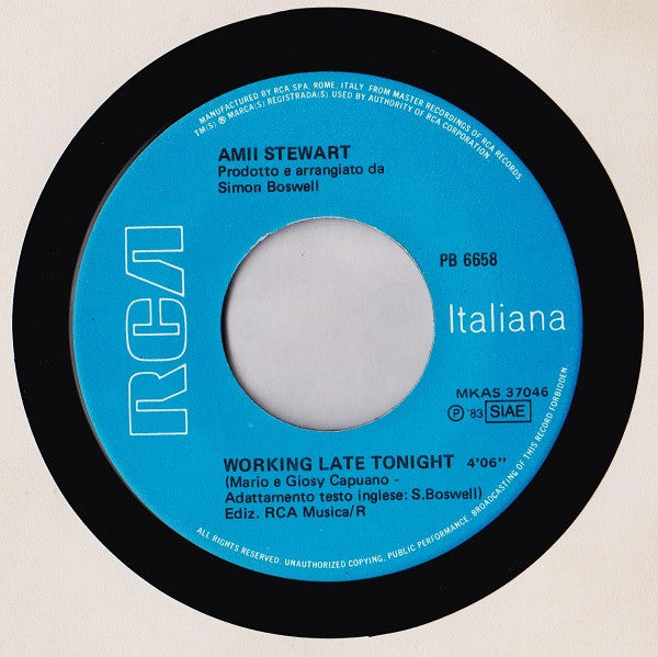Amii Stewart – Working Late Tonight / You To Me (7", Italy - 1983)