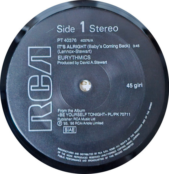 Eurythmics – It's Alright (Baby's Coming Back) (12", Italy - 1986)
