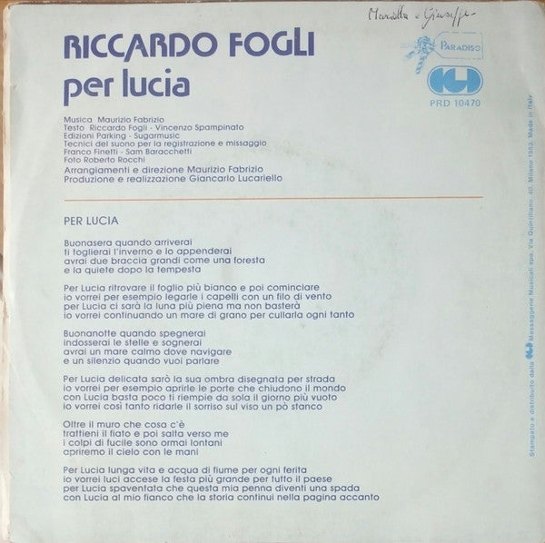 Riccardo Fogli – Per Lucia (7", Italy - 1983)