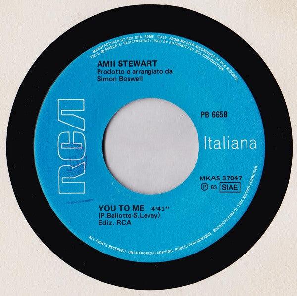 Amii Stewart – Working Late Tonight / You To Me (7", Italy - 1983)