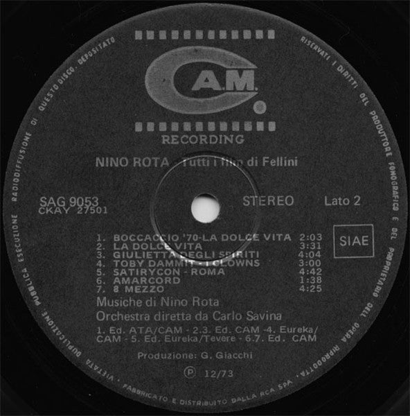 Nino Rota – Tutti I Film Di Fellini (LP, Compilation, Italy - 1974)
