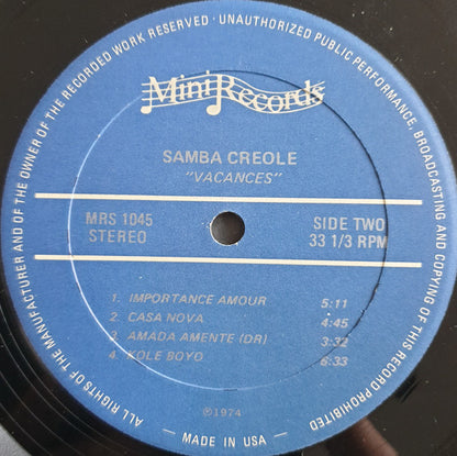 Samba Creole – Vacances (LP, US - 1974)