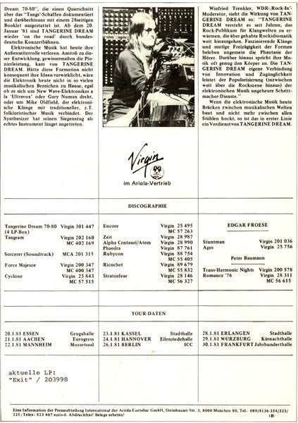 Tangerine Dream – Exit (LP, Album, Germany - 1981)