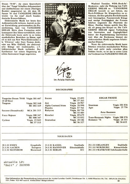 Tangerine Dream – Exit (LP, Album, Germany - 1981)
